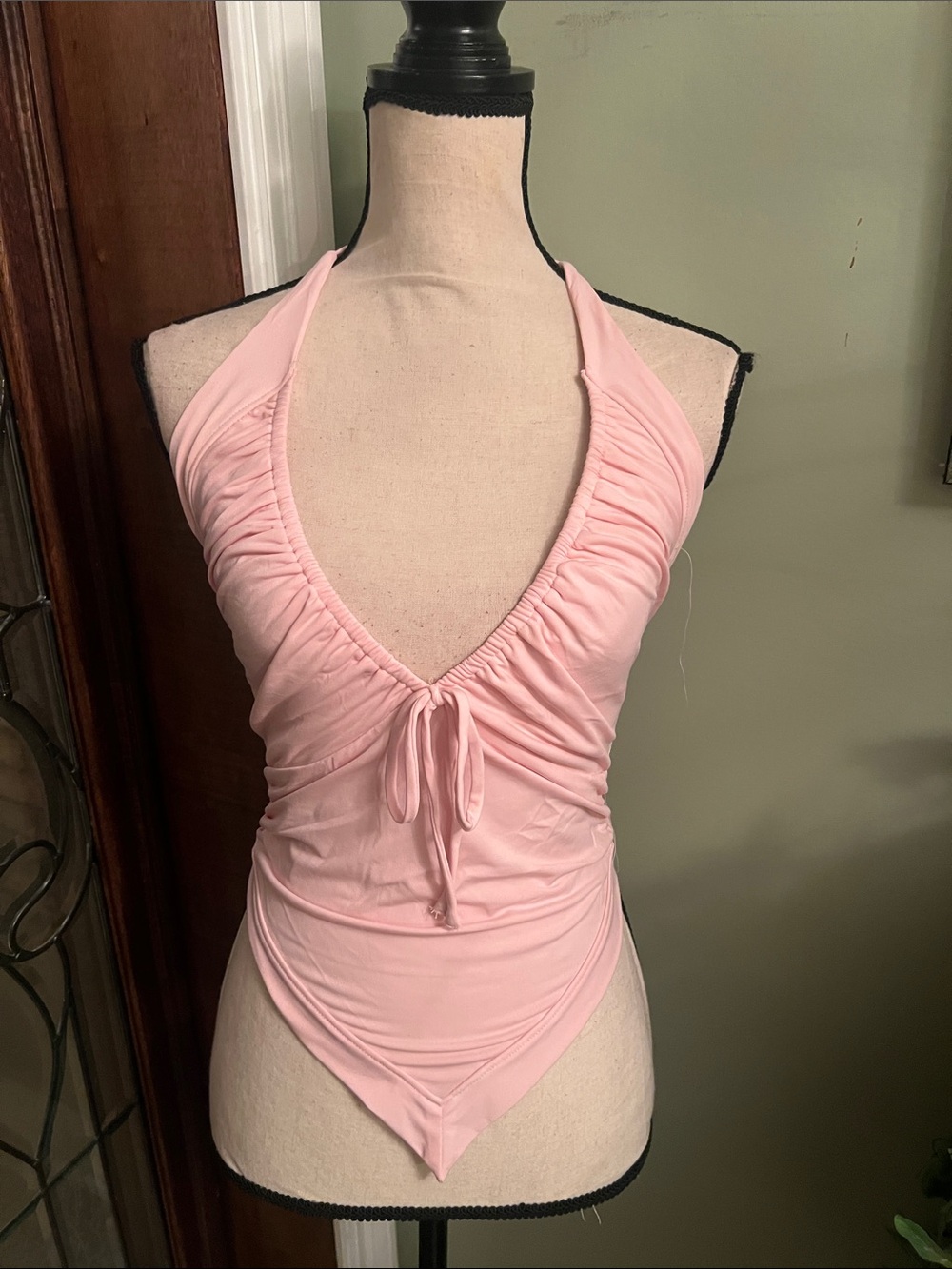 Ruched Pink Halter Bandeau Bodysuit with Front Tie